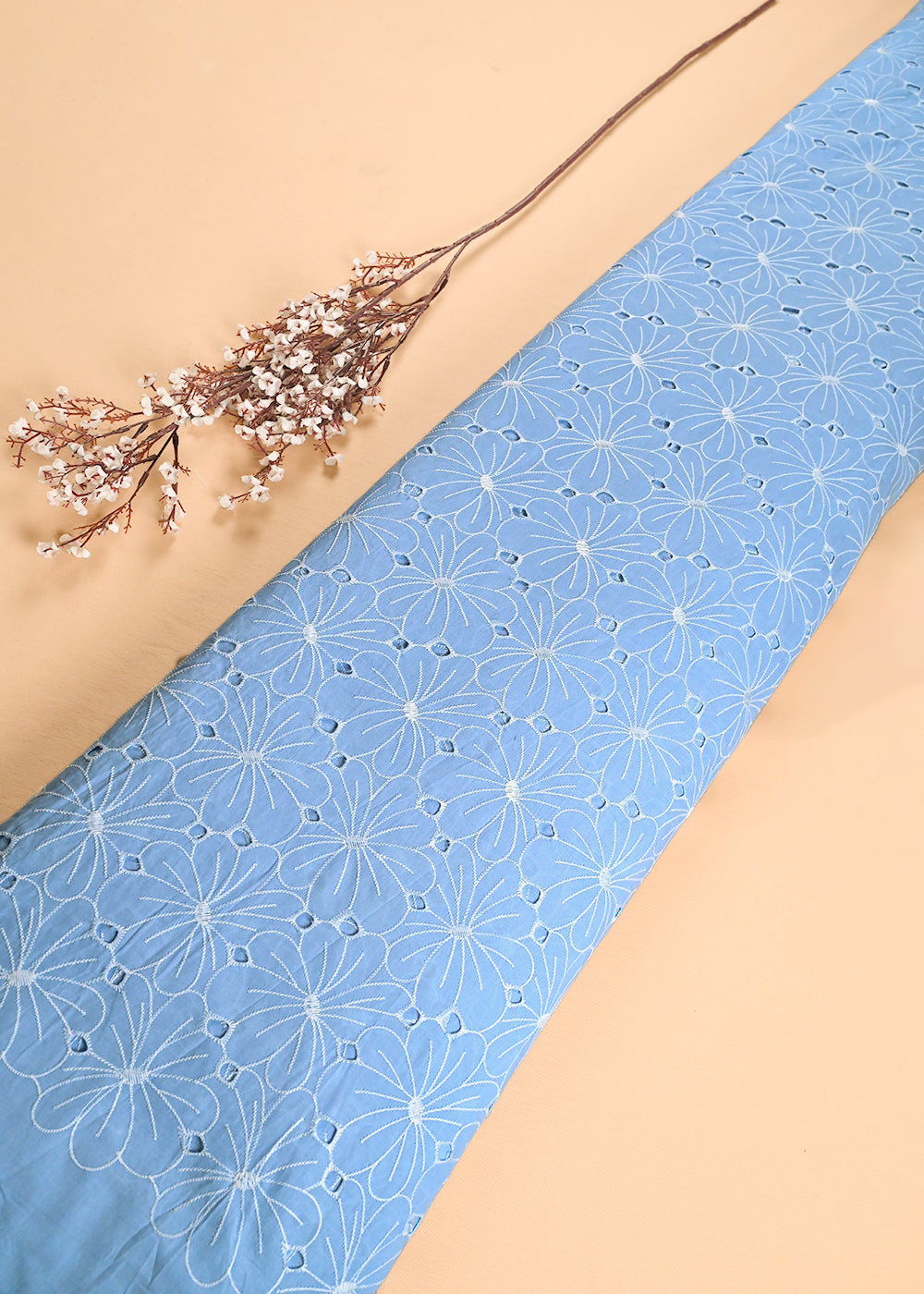 Powder Blue Cotton Fabric With All Over Thread And Cutwork 24001