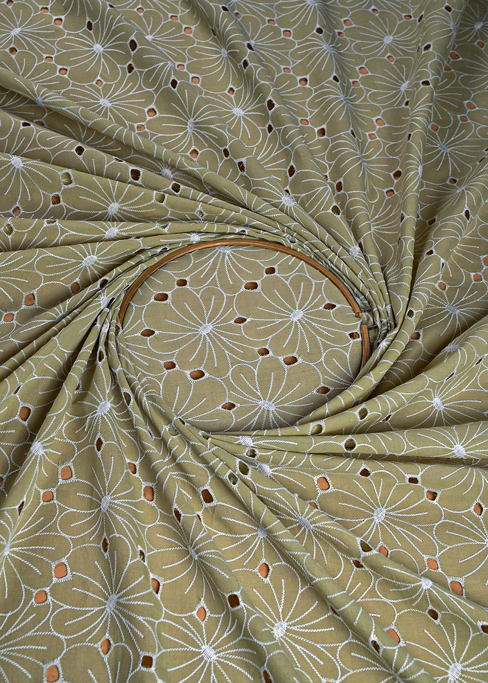 Light Green Cotton Fabric With All Over Thread And Cutwork 24002