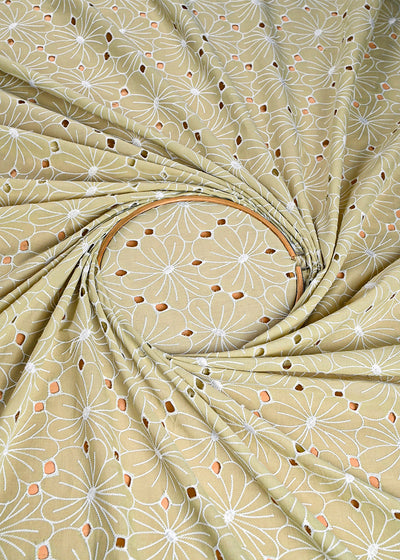 Light Green Cotton Fabric With All Over Thread And Cutwork 24002