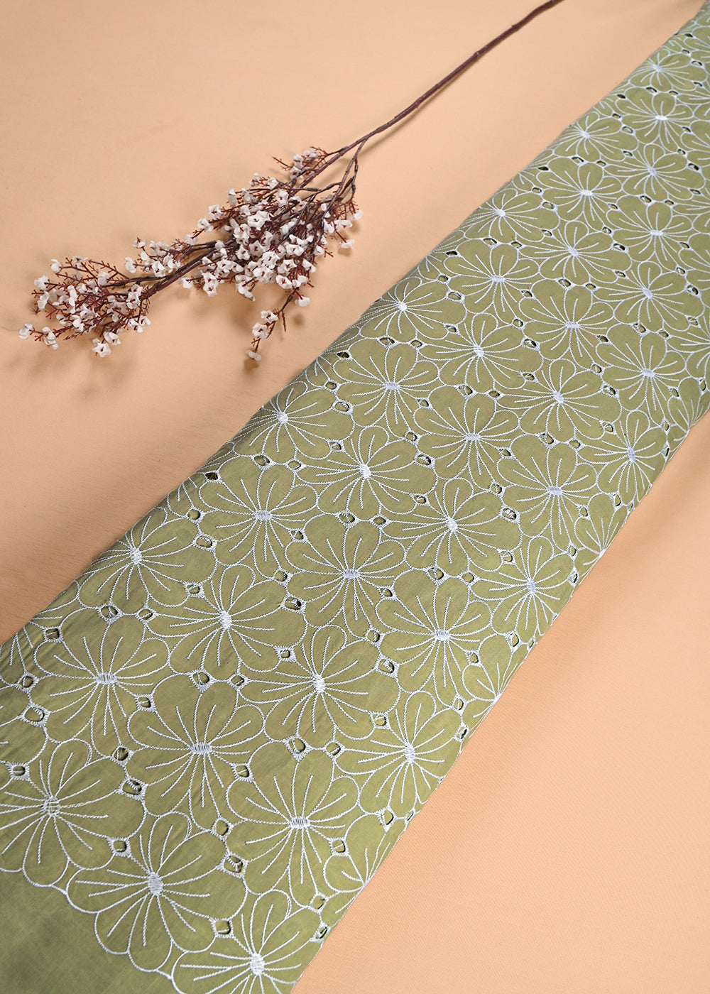 Light Green Cotton Fabric With All Over Thread And Cutwork 24002