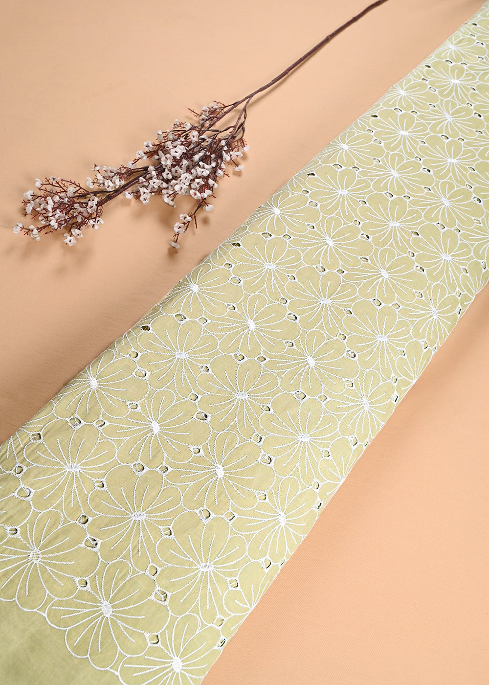 Light Green Cotton Fabric With All Over Thread And Cutwork 24002