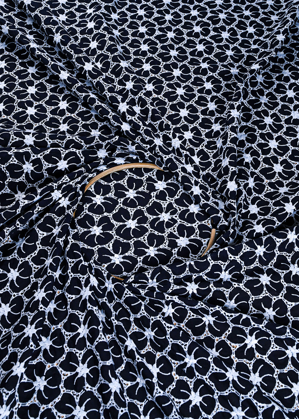 Navy Blue Cotton Fabric With All Over Thread And Cutwork 24003
