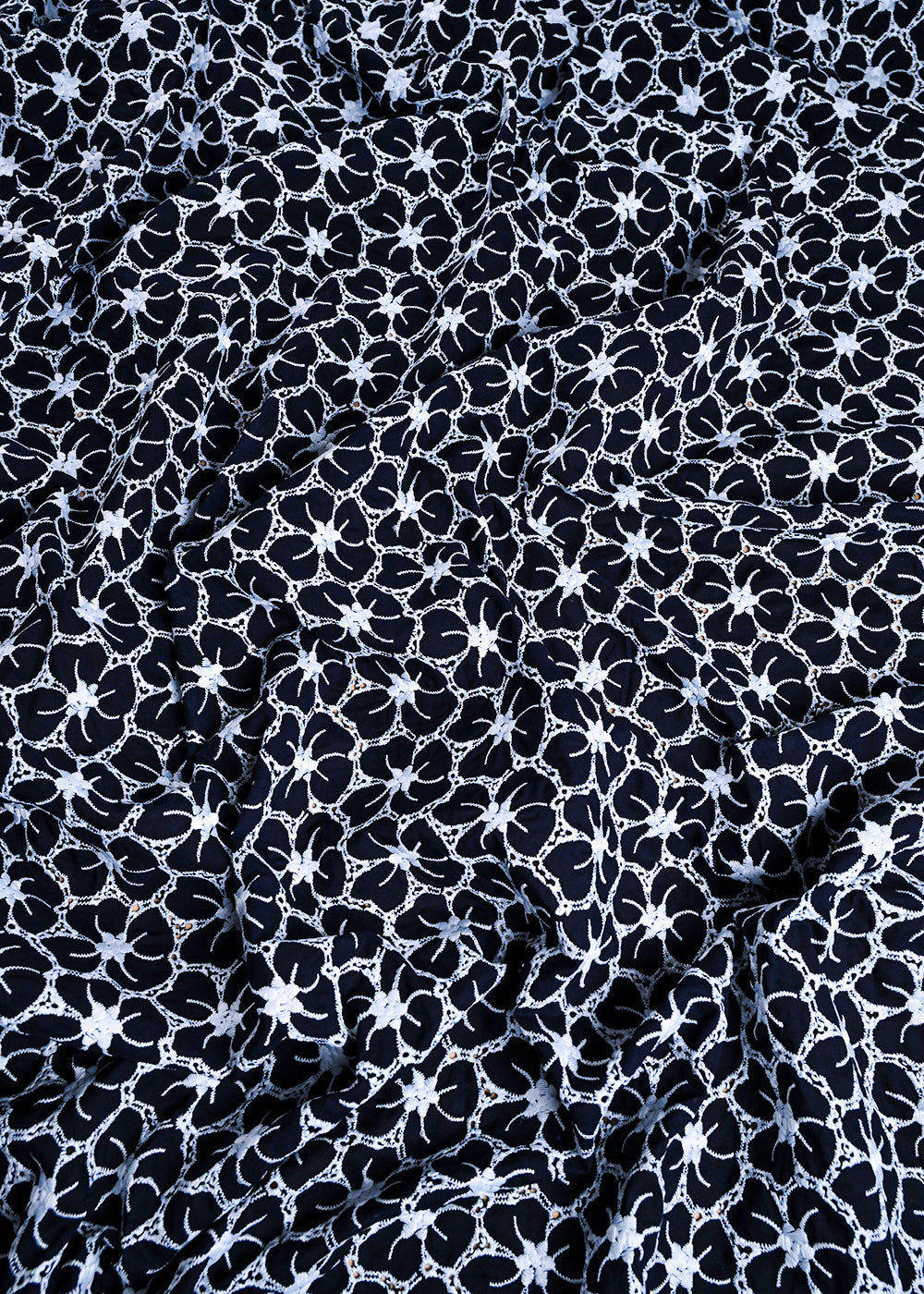 Navy Blue Cotton Fabric With All Over Thread And Cutwork 24003