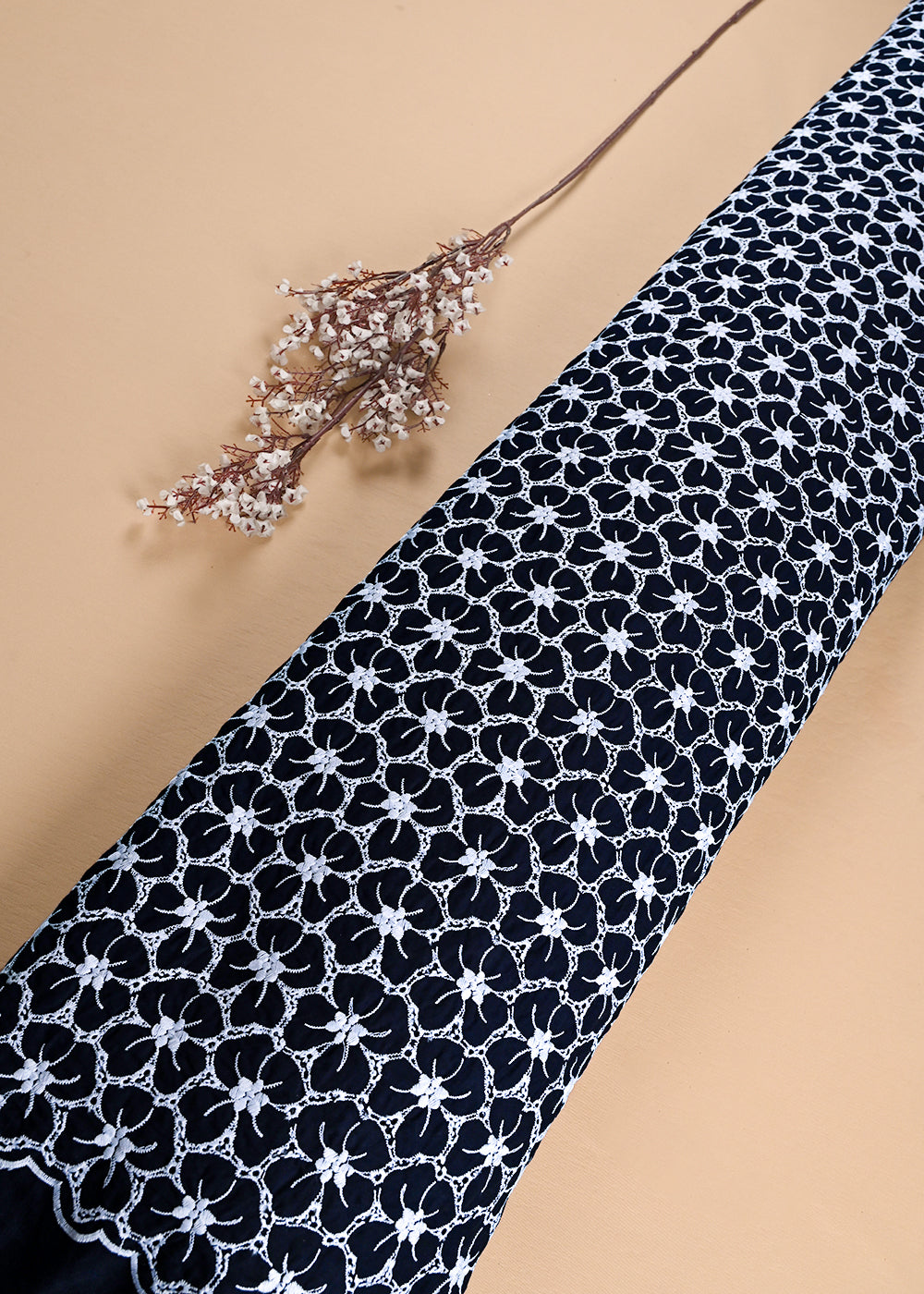 Navy Blue Cotton Fabric With All Over Thread And Cutwork 24003