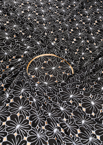 Black Cotton Fabric With All Over Thread And Cutwork 24005