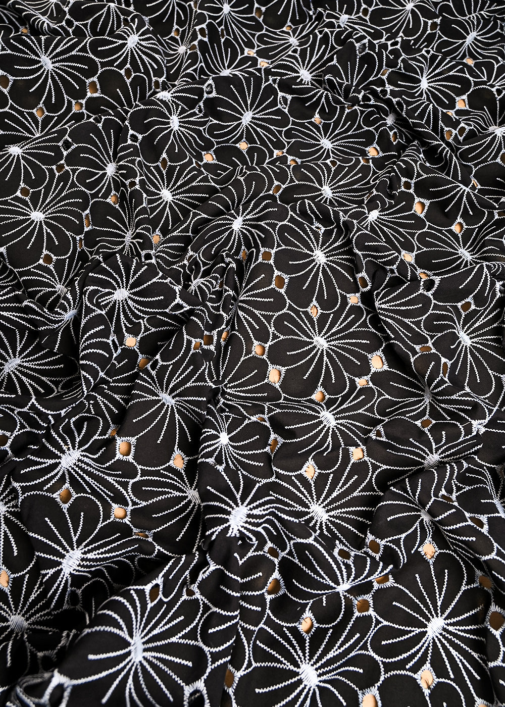 Black Cotton Fabric With All Over Thread And Cutwork 24005