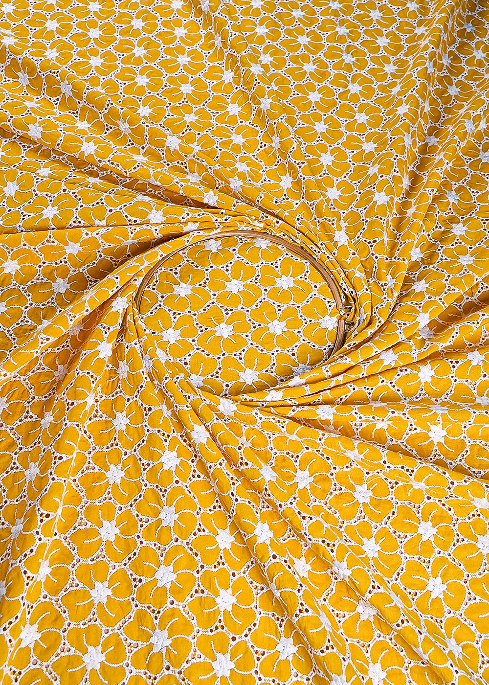 Yellow Cotton Fabric With All Over Thread And Cutwork 24006