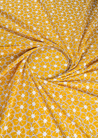 Yellow Cotton Fabric With All Over Thread And Cutwork 24006