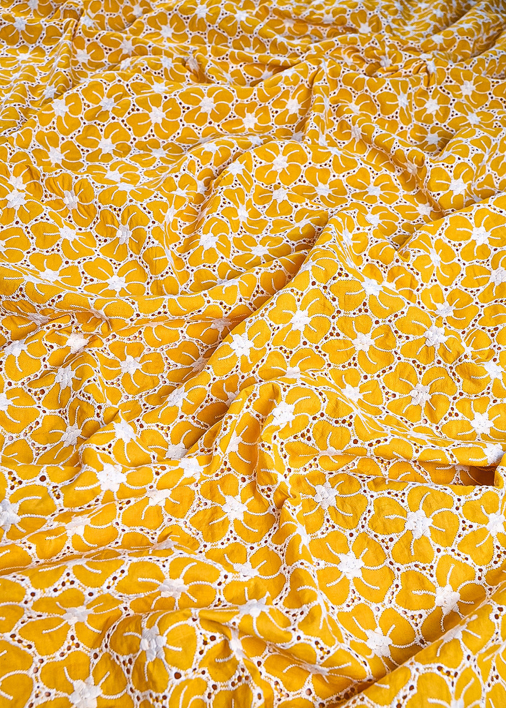 Yellow Cotton Fabric With All Over Thread And Cutwork 24006