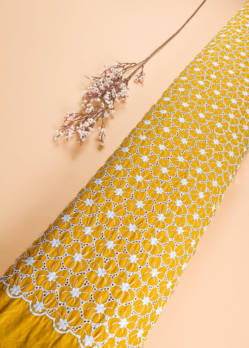 Yellow Cotton Fabric With All Over Thread And Cutwork 24006