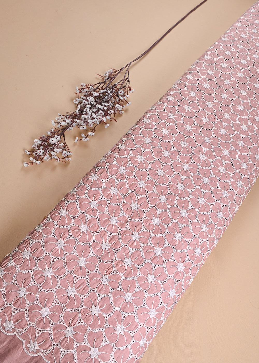 Light Pink Cotton Fabric With All Over Thread And Cutwork 24007