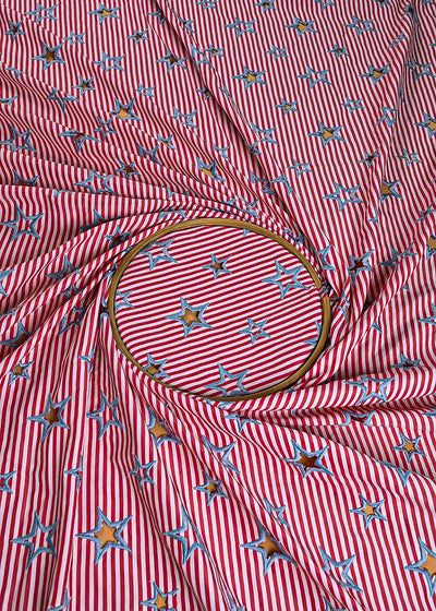 Red Cotton Fabric With All Over Stripes, Thread And Cutwork 24008