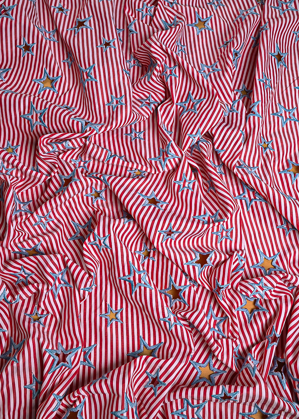 Red Cotton Fabric With All Over Stripes, Thread And Cutwork 24008