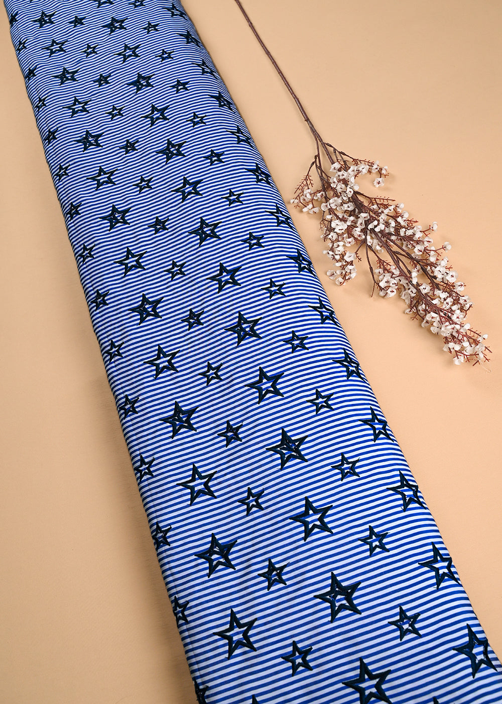 Blue Cotton Fabric With All Over Stripes, Thread And Cutwork 24009