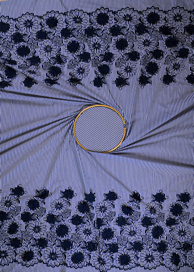 Navy Blue Cotton Fabric With All Over Stripes, Thread And Applique Work Borders 24011