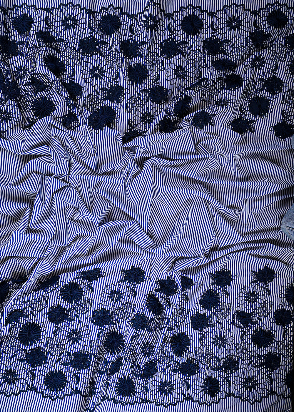 Navy Blue Cotton Fabric With All Over Stripes, Thread And Applique Work Borders 24011