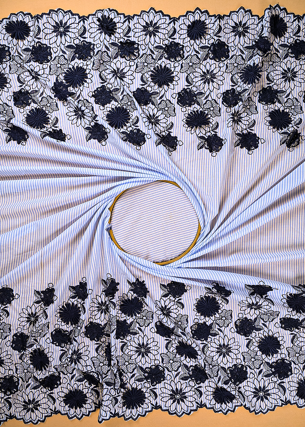 Sky Blue Cotton Fabric With All Over Stripes, Thread And Applique Work Borders 24012