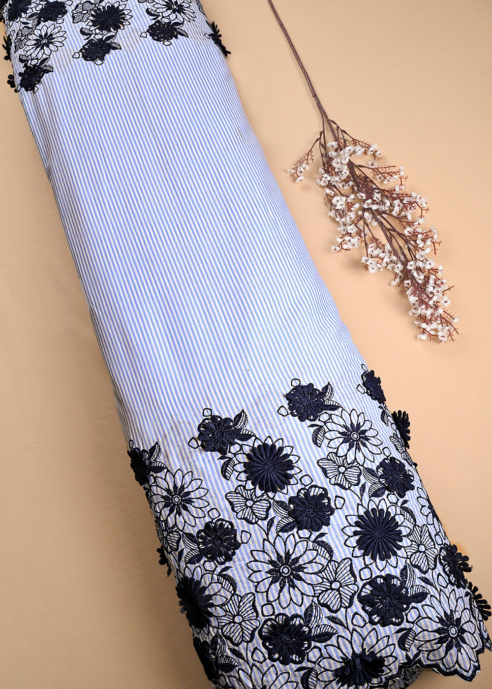 Sky Blue Cotton Fabric With All Over Stripes, Thread And Applique Work Borders 24012