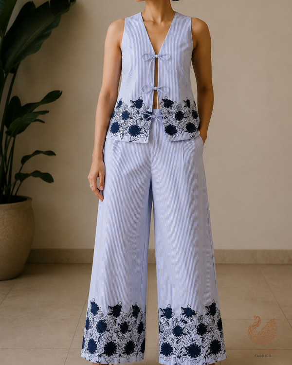 Sky Blue Cotton Fabric With All Over Stripes, Thread And Applique Work Borders 24012
