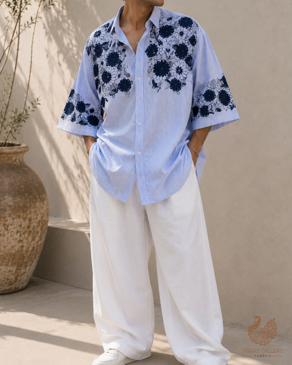 Sky Blue Cotton Fabric With All Over Stripes, Thread And Applique Work Borders 24012