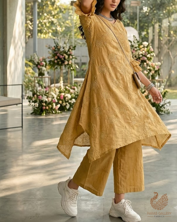 Mustard Chanderi Fabric With All Over Thread Work 24014