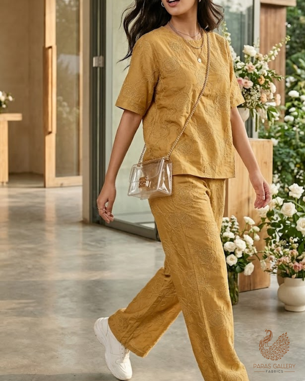 Mustard Chanderi Fabric With All Over Thread Work 24014