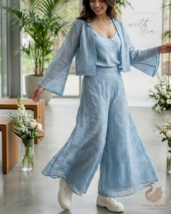 Sky Blue Chanderi Fabric With All Over Thread Work 24016
