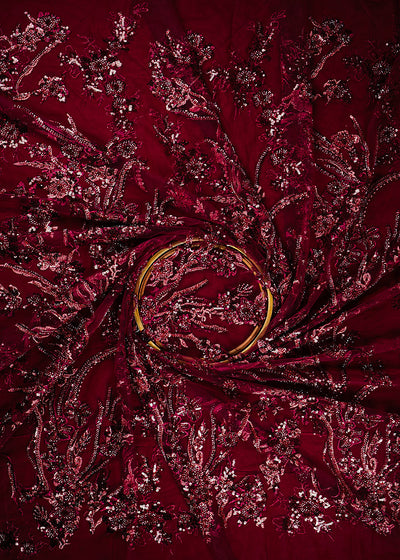 Maroon Imported Net Fabric With All Over Bead, Sequins And Thread Work 24019