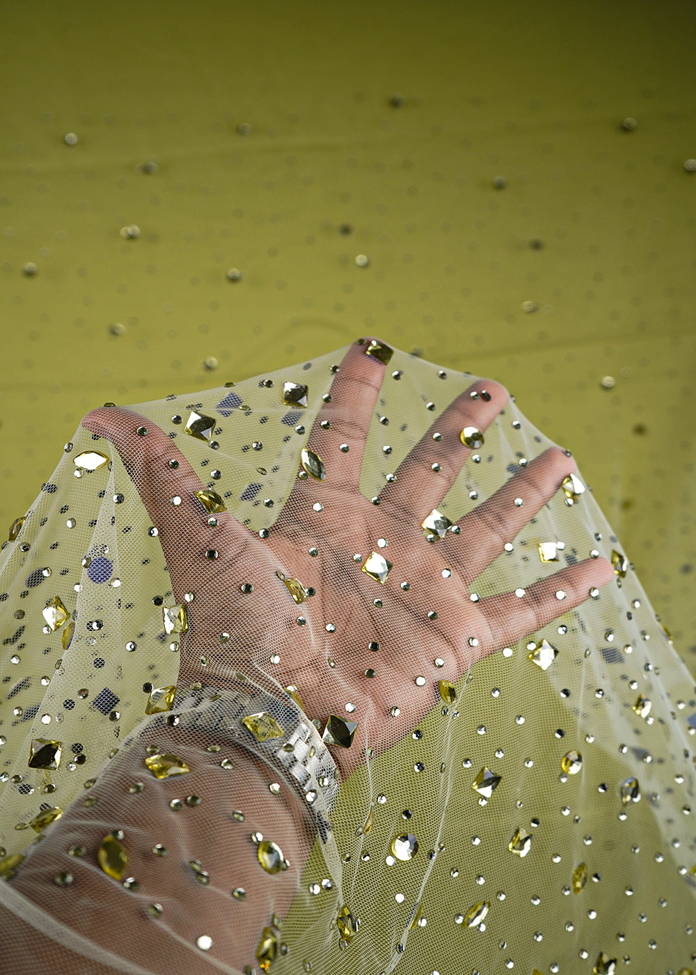Lime Green Imported Net Fabric With All Over Stone Work 24026