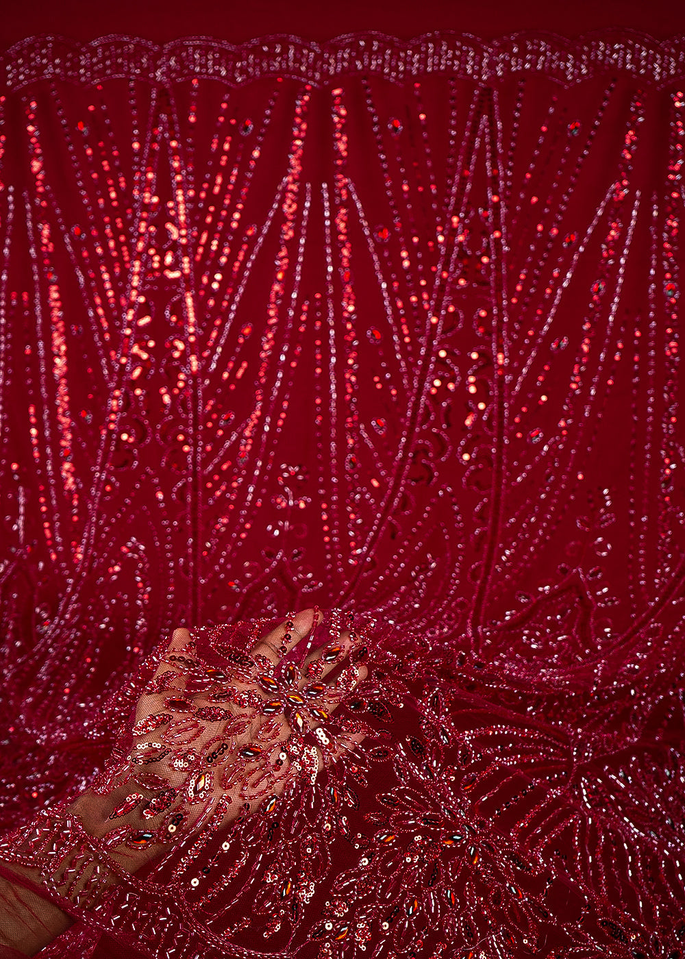 Mehroon Imported Net Fabric With All Over Stone, Sequins And Bead Work With Scalloped Border 24027