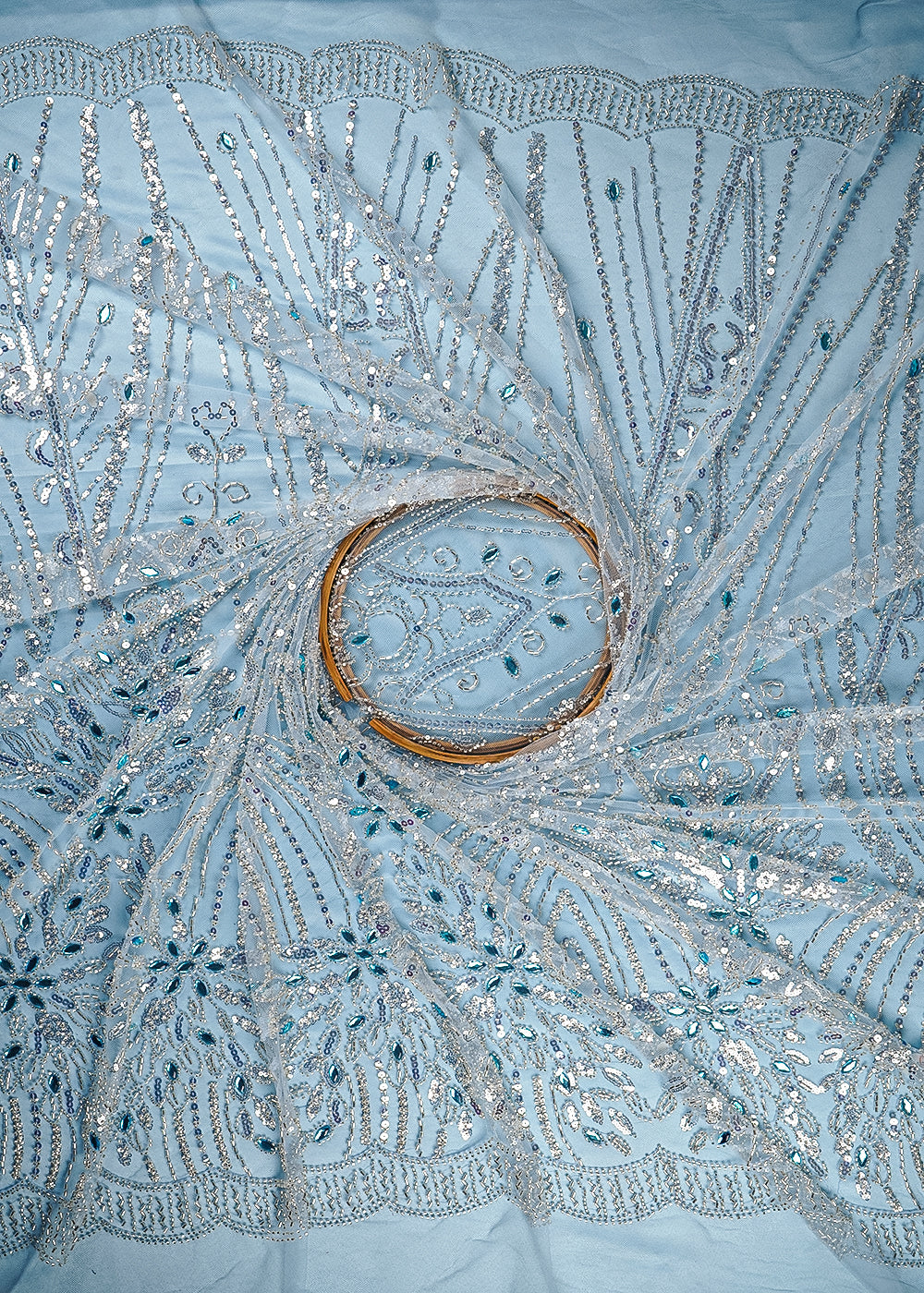 Powder Blue Imported Net Fabric With All Over Stone, Sequins And Bead Work With Scalloped Border 24028