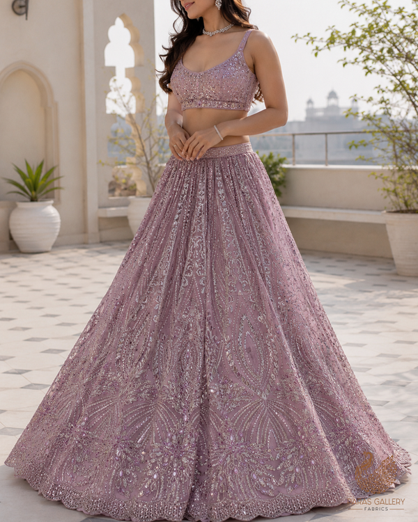 Onion Imported Net Fabric With All Over Stone, Sequins And Bead Work With Scalloped Border 24029