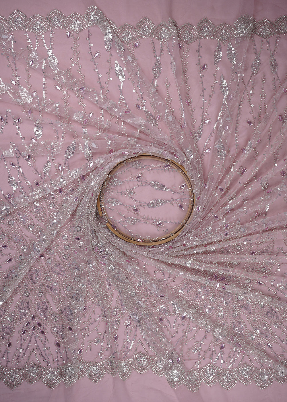Onion Imported Net Fabric With All Over Bead, Sequins And Stone Work With One Side Scalloped Border 24030