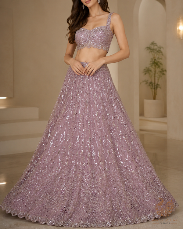 Onion Imported Net Fabric With All Over Bead, Sequins And Stone Work With One Side Scalloped Border 24030