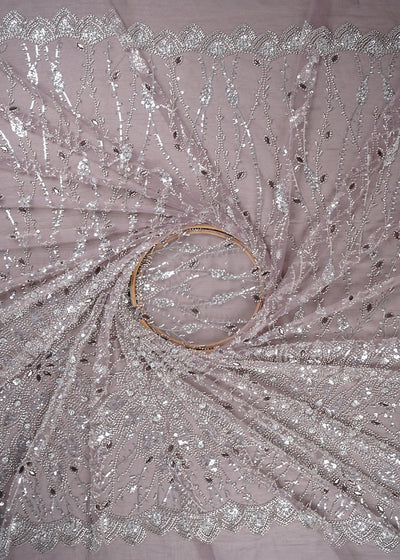 Mauve Imported Net Fabric With All Over Bead, Sequins And Stone Work With One Side Scalloped Border 24031