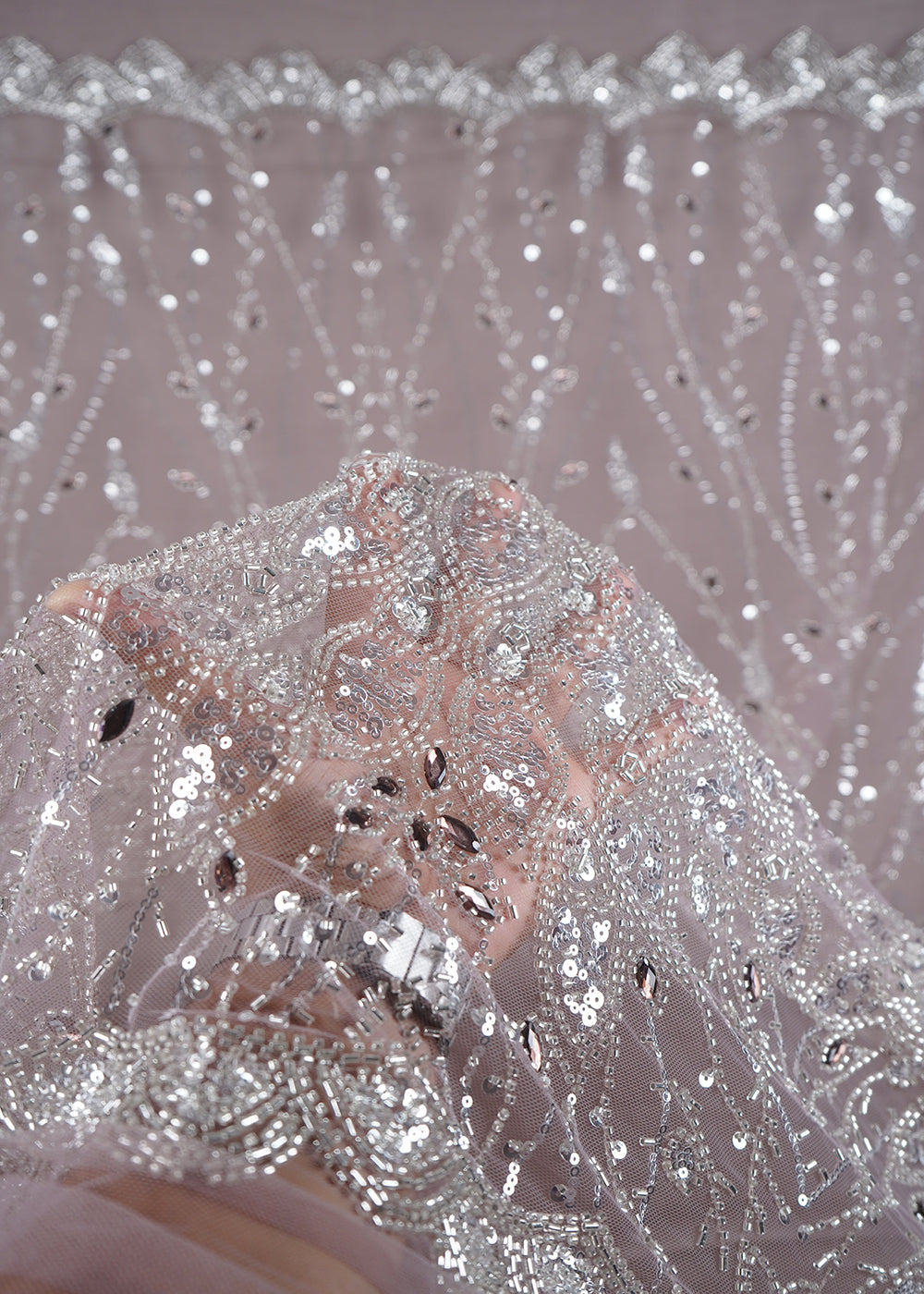 Mauve Imported Net Fabric With All Over Bead, Sequins And Stone Work With One Side Scalloped Border 24031