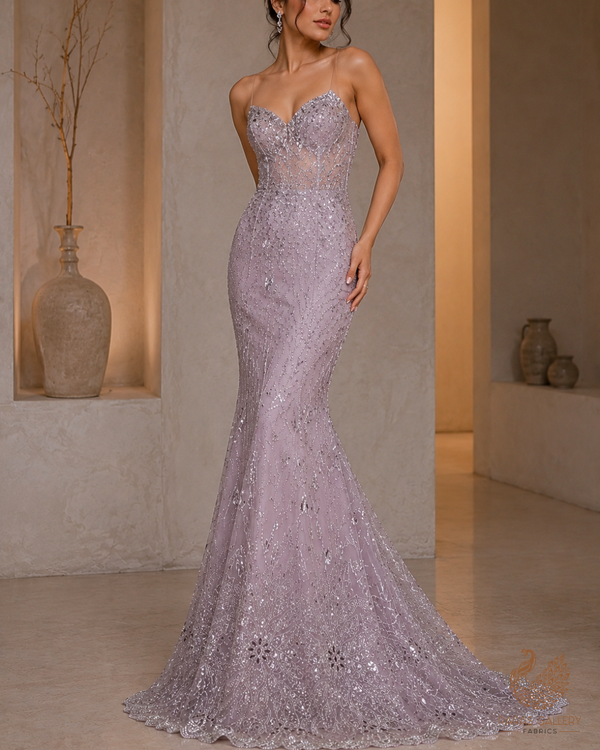 Mauve Imported Net Fabric With All Over Bead, Sequins And Stone Work With One Side Scalloped Border 24031