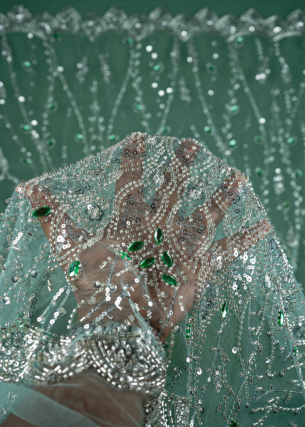 Green Imported Net Fabric With All Over Bead, Sequins And Stone Work With One Side Scalloped Border 24032