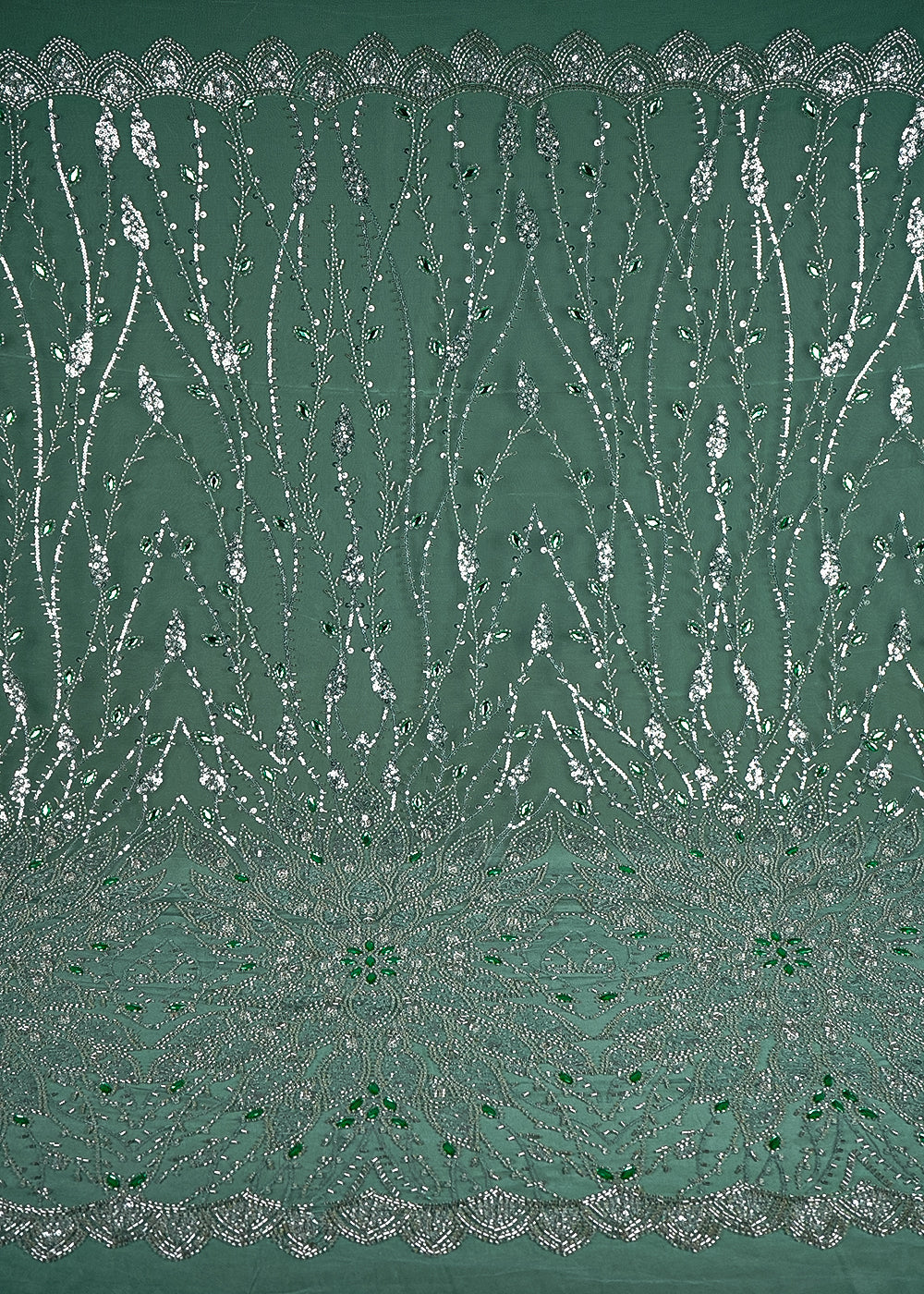 Green Imported Net Fabric With All Over Bead, Sequins And Stone Work With One Side Scalloped Border 24032