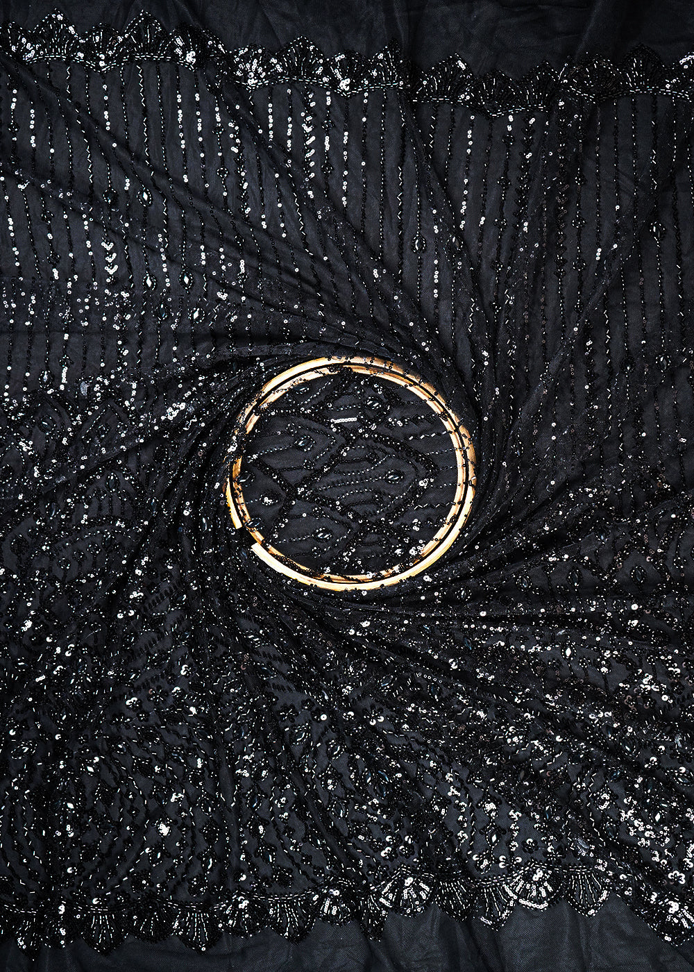 Black Imported Net Fabric With All Over Bead, Sequins And Stone Work With One Side Scalloped Border 24033