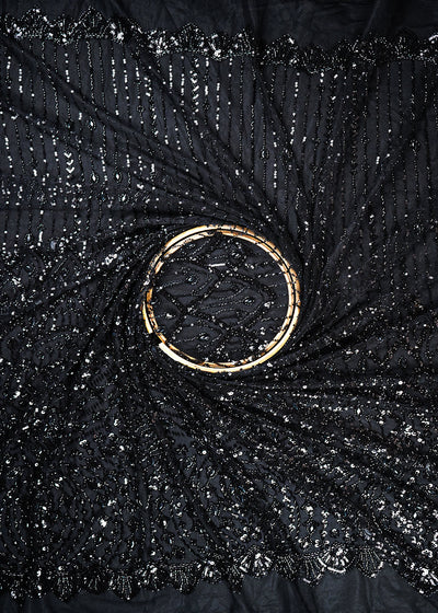 Black Imported Net Fabric With All Over Bead, Sequins And Stone Work With One Side Scalloped Border 24033