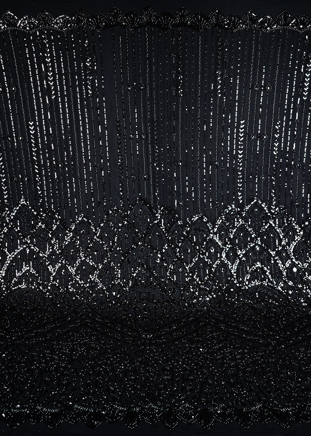 Black Imported Net Fabric With All Over Bead, Sequins And Stone Work With One Side Scalloped Border 24033