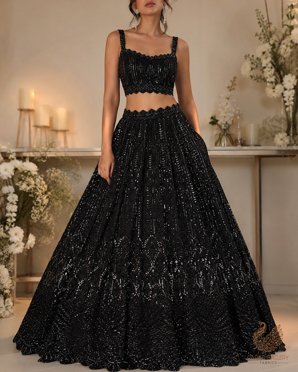 Black Imported Net Fabric With All Over Bead, Sequins And Stone Work With One Side Scalloped Border 24033