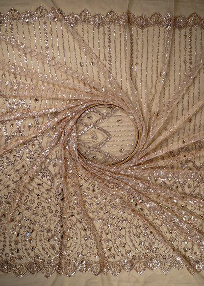 Golden Imported Net Fabric With All Over Bead, Sequins And Stone Work With One Side Scalloped Border 24034