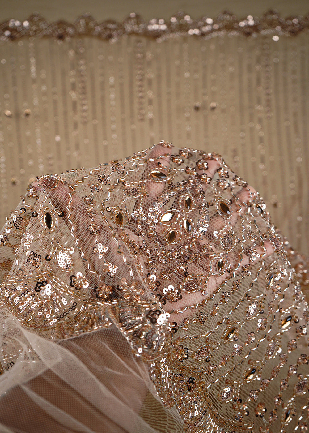 Gold Imported Net Fabric With All Over Bead, Sequins And Stone Work With One Side Scalloped Border 24034