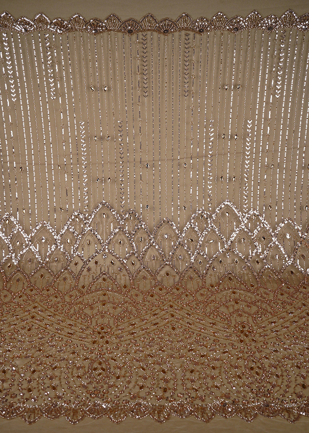 Gold Imported Net Fabric With All Over Bead, Sequins And Stone Work With One Side Scalloped Border 24034