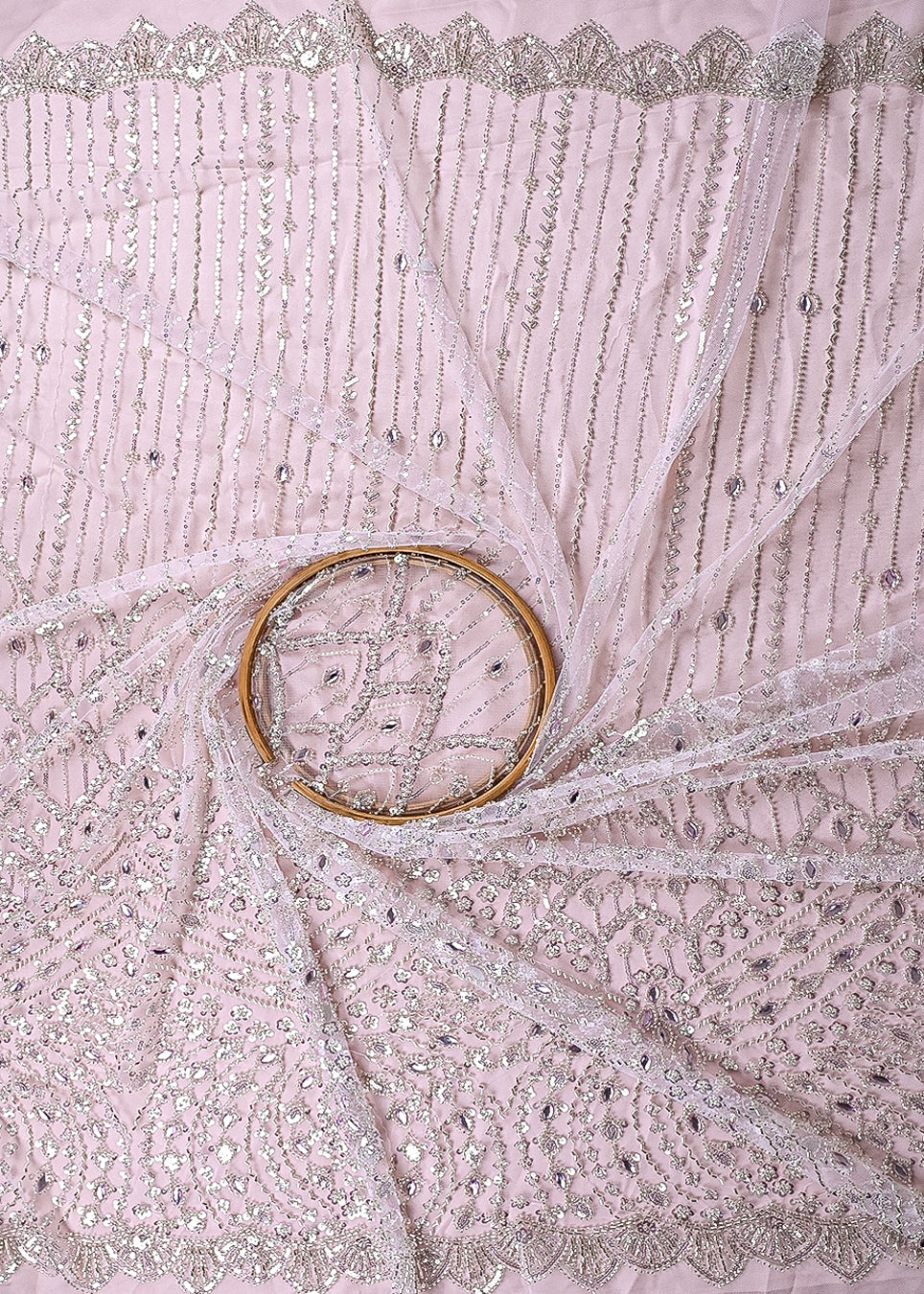 Baby Pink Imported Net Fabric With All Over Bead, Sequins And Stone Work With One Side Scalloped Border 24035