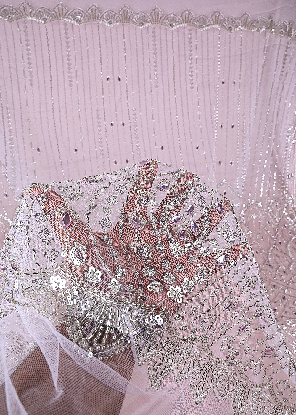 Baby Pink Imported Net Fabric With All Over Bead, Sequins And Stone Work With One Side Scalloped Border 24035