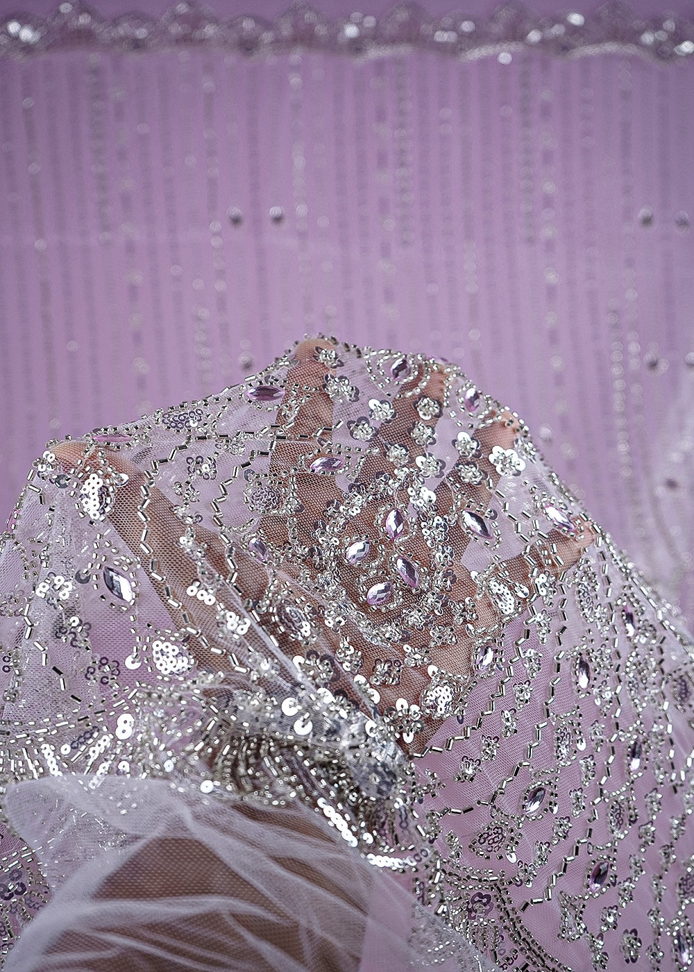 Baby Pink Imported Net Fabric With All Over Bead, Sequins And Stone Work With One Side Scalloped Border 24035