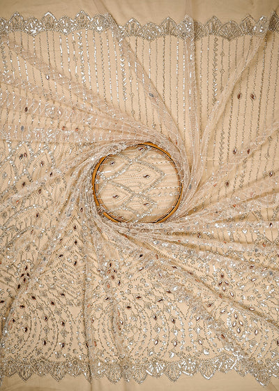 Beige Imported Net Fabric With All Over Bead, Sequins And Stone Work With One Side Scalloped Border 24037